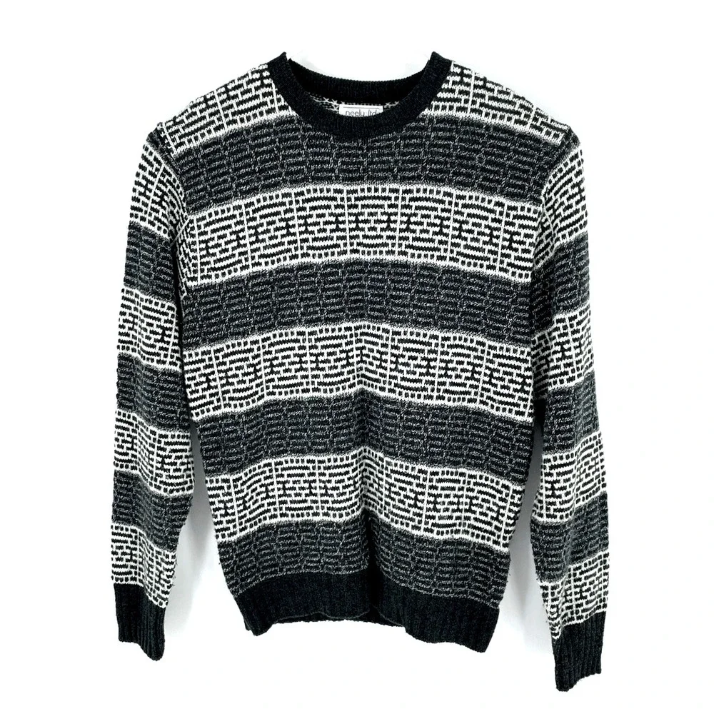 Vintage Neely ltd Men Large Striped Geometric Pattern USA Made Grandpa Sweater